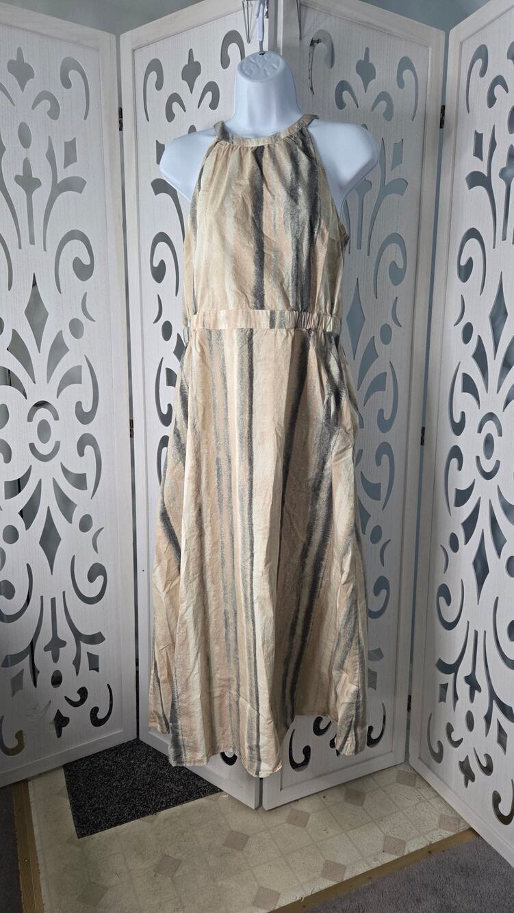 Me by Jennie Garth Women's Small Cotton Maxi Dress Beige Gray Striped Boho